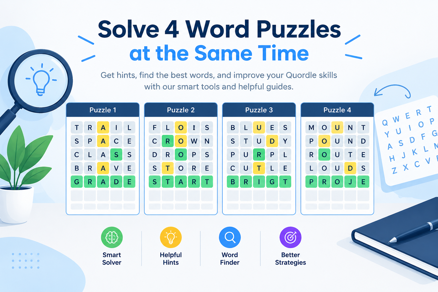 Four Quordle-style word puzzle boards with hints and a word finder illustration